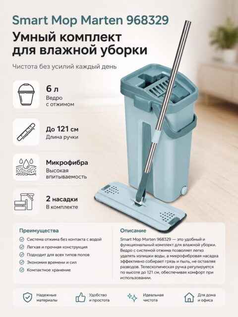 Комплект для уборки с ведром и шваброй Smart Mop 6 л